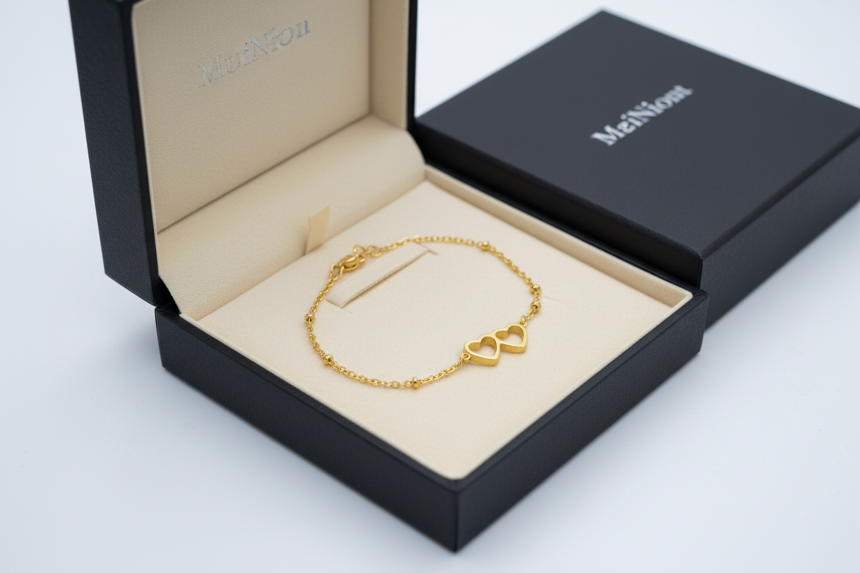 Gold Surgical Steel Bracelet with Balls and Double Heart bracelet double heart in gold design 1002304