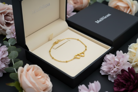 Gold Surgical Steel Bracelet with Balls and Double Heart bracelet double heart in gold design 1002304