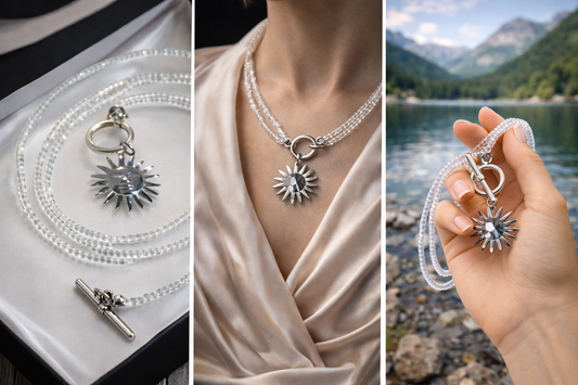 Set Slnečné spojenie – náhrdelník a náramok s príveskom Slnka a Mesiaca z chirurgickej ocele, priesvitné korálky Harakka Jewls