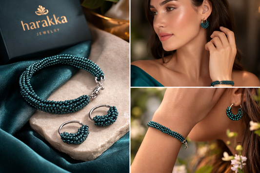 Set Lesný sen – ručne šitý zelený náramok a náušnice so strieborným zapínaním | Harakka Jewls