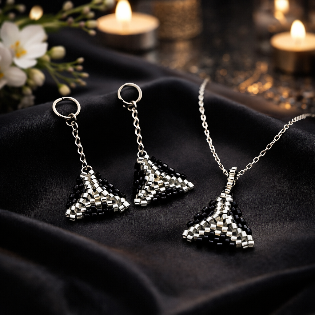 čierno strieborný set náušnice a náhrdelník trojuholník Harakka Jewls