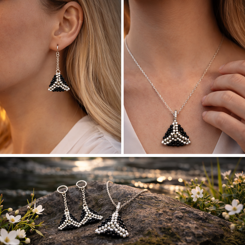 čierno strieborný set náušnice a náhrdelník trojuholník Harakka Jewls