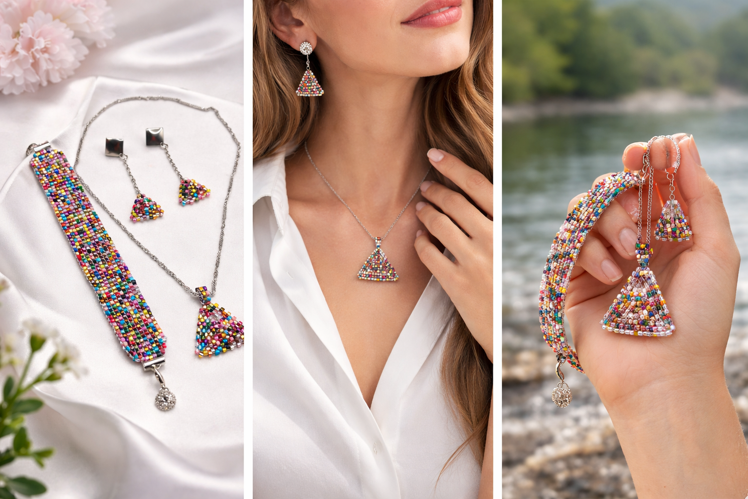 Farebný ručne robený set šperkov z korálok a chirurgickej ocele Harakka Jewls – náhrdelník, náramok a náušnice