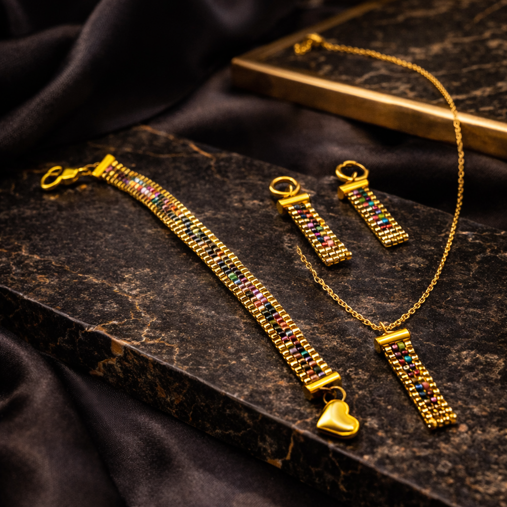 Ručne robený zlatý set šperkov s farebnými korálkami a magnetickým srdiečkovým zapínaním Harakka