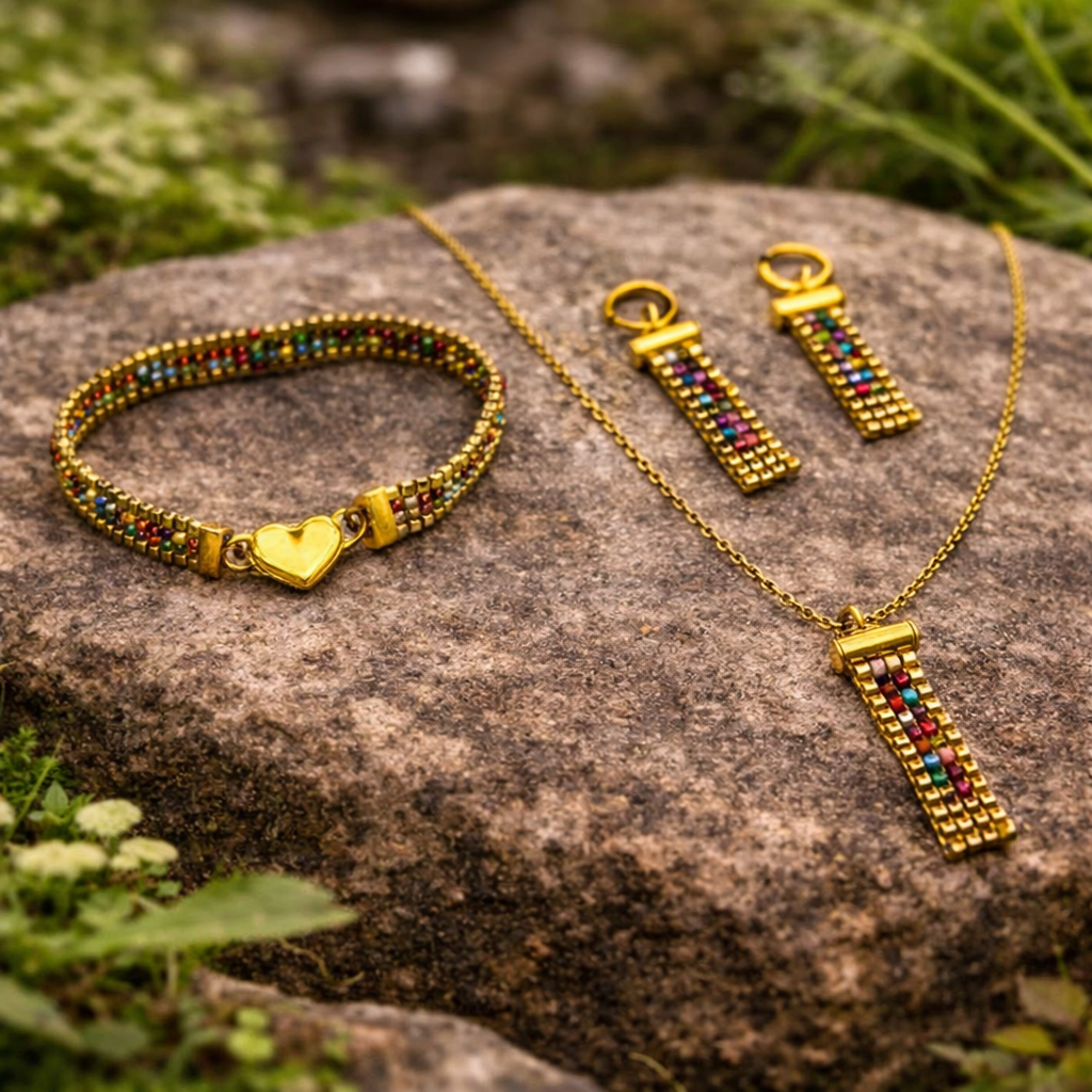 Ručne robený zlatý set šperkov s farebnými korálkami a magnetickým srdiečkovým zapínaním Harakka