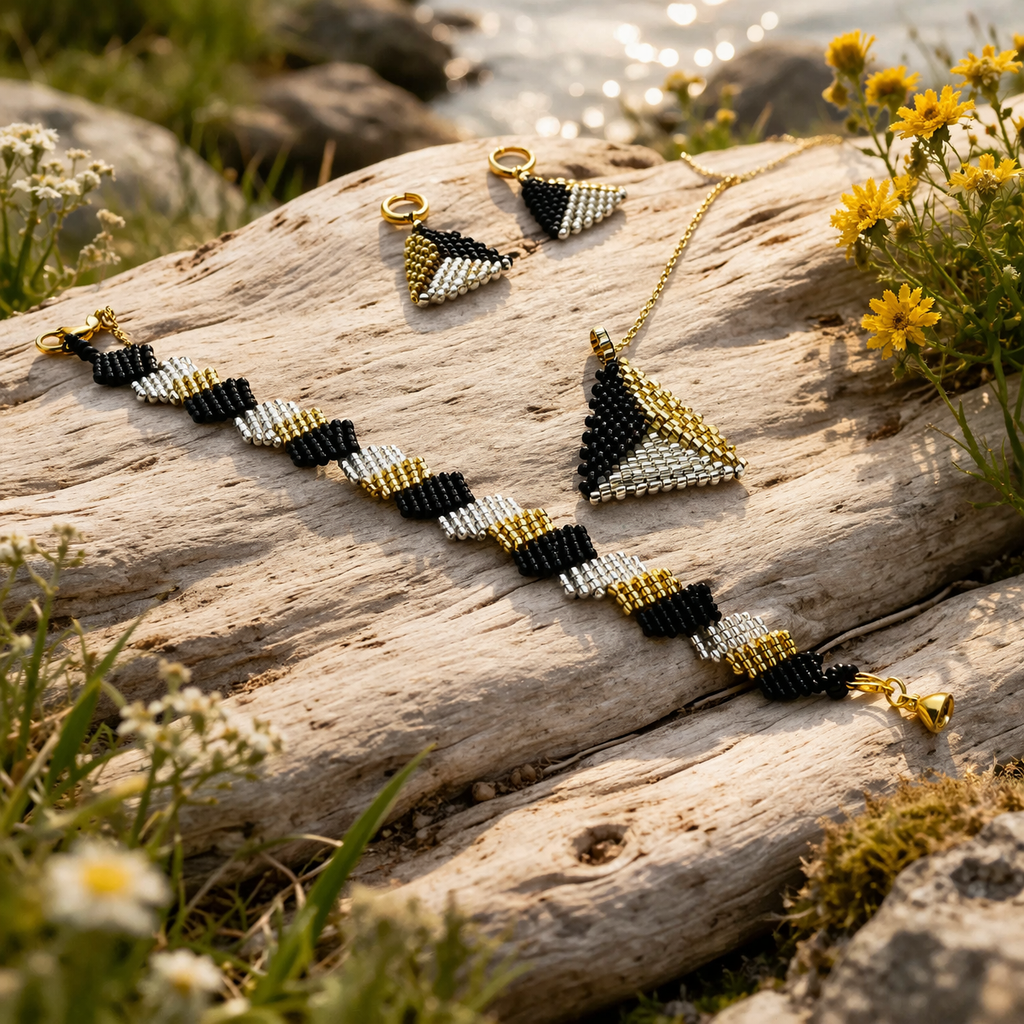 Ručne robený set šperkov v čiernej striebornej a zlatej farbe s geometrickým vzorom Harakka