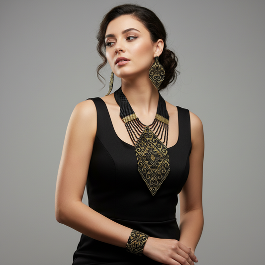 Modelka v zelenom oblečení s výrazným čierno-zlatým korálkovým náhrdelníkom a náušnicami
Elegantná žena v čiernych šatách s luxusným ručne vyšívaným čierno-zlatým šperkovým setom
 Čierno-zlatý korálkový set – náhrdelník, náušnice a náramok v darčekovej krabičke s ružami