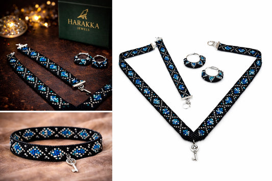 modro čierny korálkový set náhrdelník náramok náušnice ručná práca