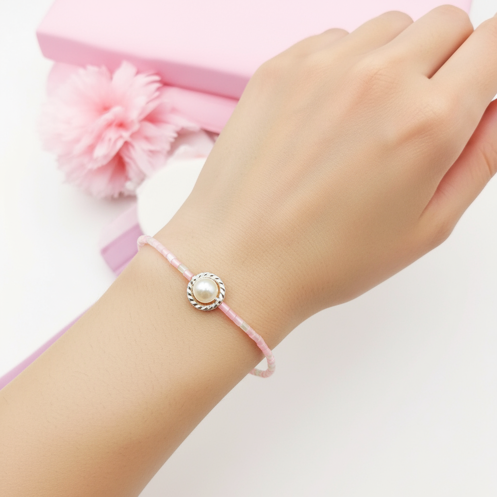 Náramok z ružových korálikov s perleťovou ozdobou – Harakka Jewls