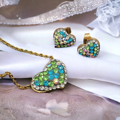 Golden Set Colored Heart – necklace and earrings with zircons in green and turquoise tones