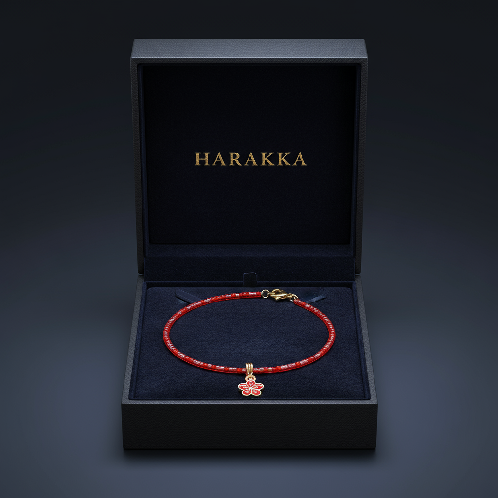 Náramok Červený Kvet Ochrany NH1 červené koráliky kvetinový prívesok Harakka Jewls