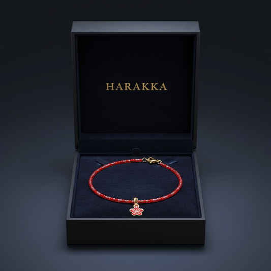 Náramok Červený Kvet Ochrany NH1 červené koráliky kvetinový prívesok Harakka Jewls