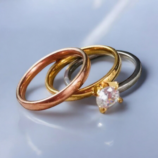 Surgical Steel Ring Set - Silver, Gold and Rose Gold Stone Ring Set P504