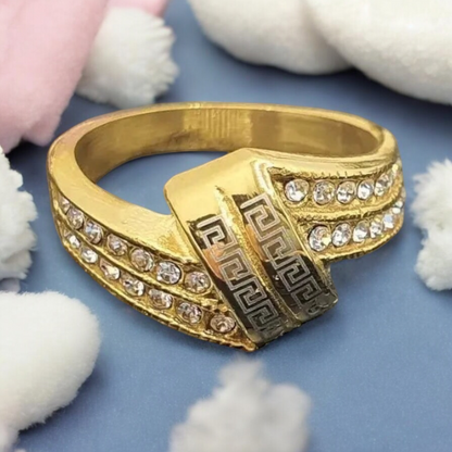 Gold surgical steel ring with ornament and white stones ring Egypt braided inlaid with stones 1001913