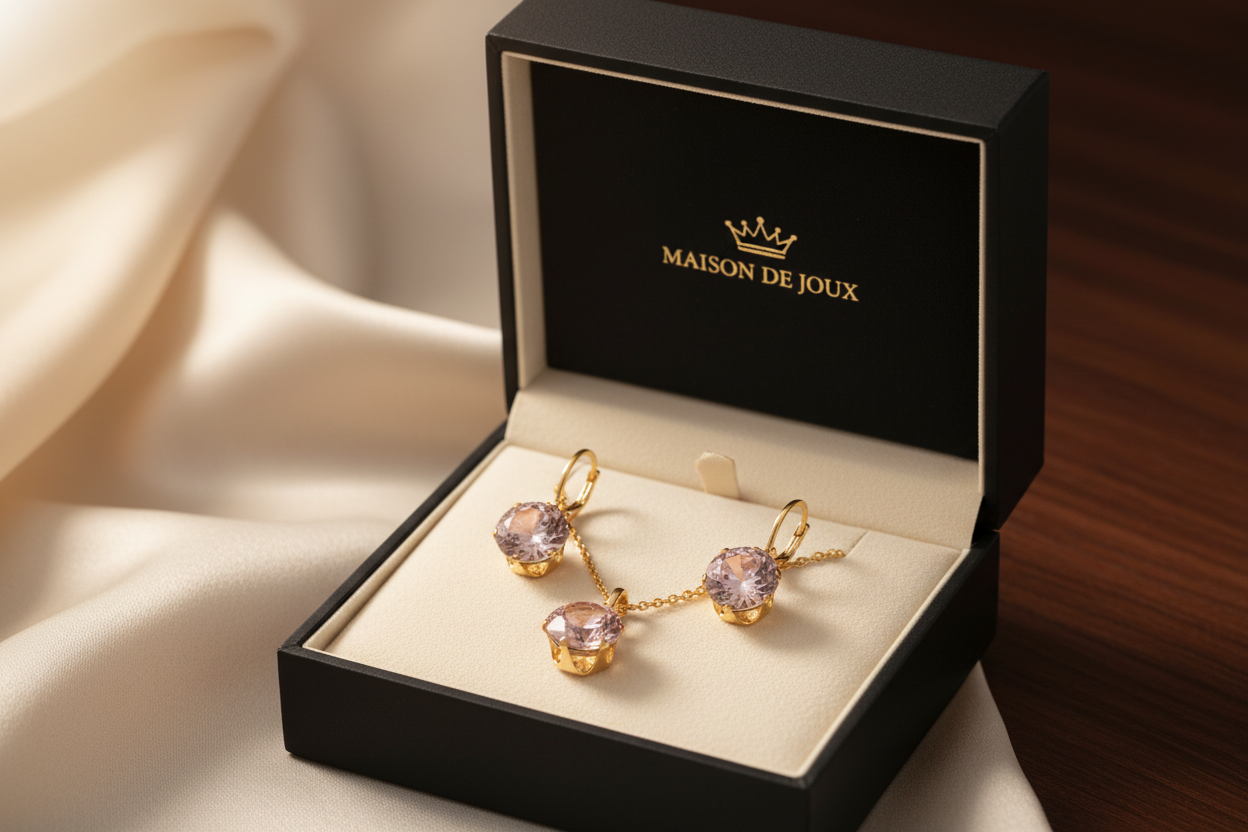 Zlatý set z chirurgickej ocele s ružovými kamienkami – náušnice a prívesok Harakka Jewls