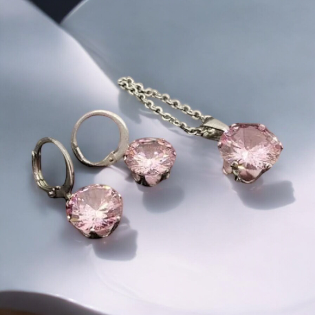 Silver surgical steel set - earrings and pendant with pink stones set with pink stones in silver design 1002328