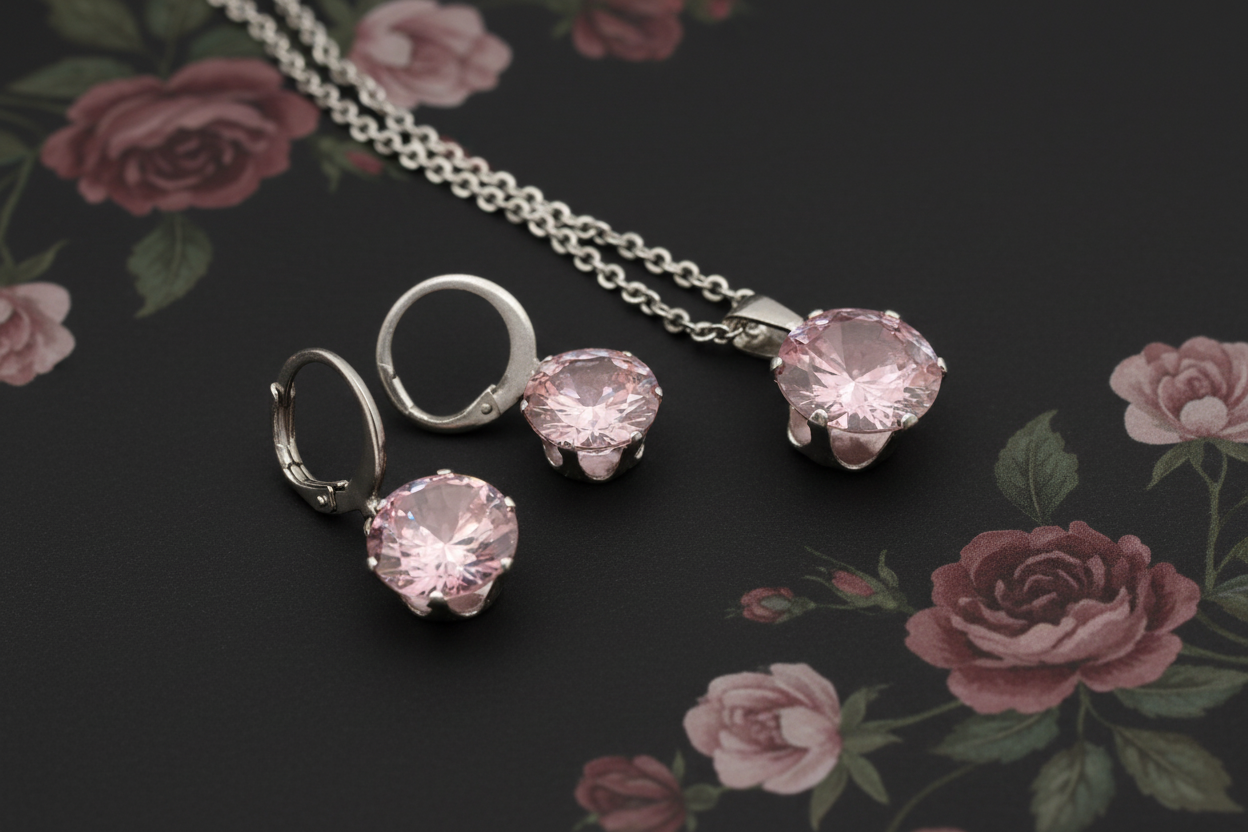 strieborný set s ružovými kamienkami náušnice prívesok chirurgická oceľ