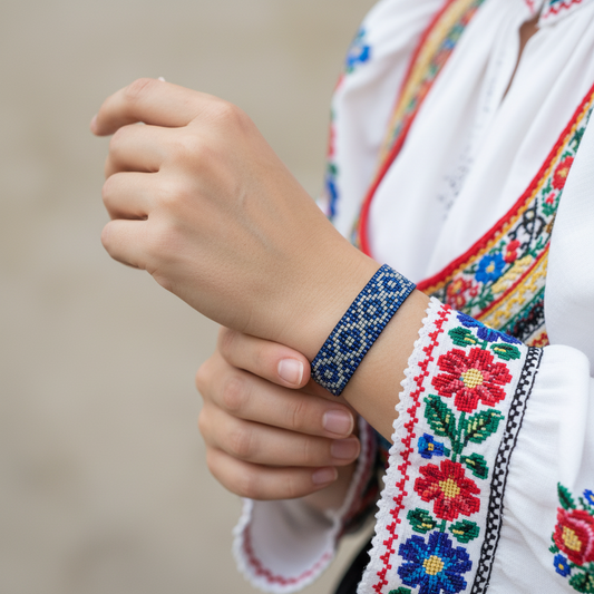 Ručne tkaný náramok Ranná Rosa v bielo-svetlomodrej kombinácii na drevenom podklade

Detail ručne tkaného folklórneho náramku Ranná Rosa z bielych a svetlomodrých korálikov

Náramok Ranná Rosa na ruke v folklórnom štýle – jemný modrobiely šperk