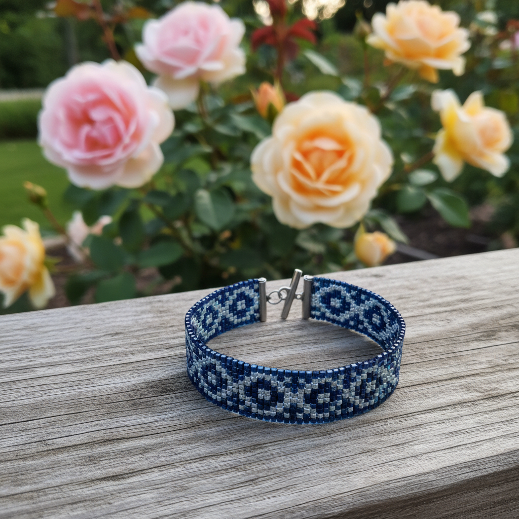 Ručne tkaný náramok Ranná Rosa v bielo-svetlomodrej kombinácii na drevenom podklade

Detail ručne tkaného folklórneho náramku Ranná Rosa z bielych a svetlomodrých korálikov

Náramok Ranná Rosa na ruke v folklórnom štýle – jemný modrobiely šperk