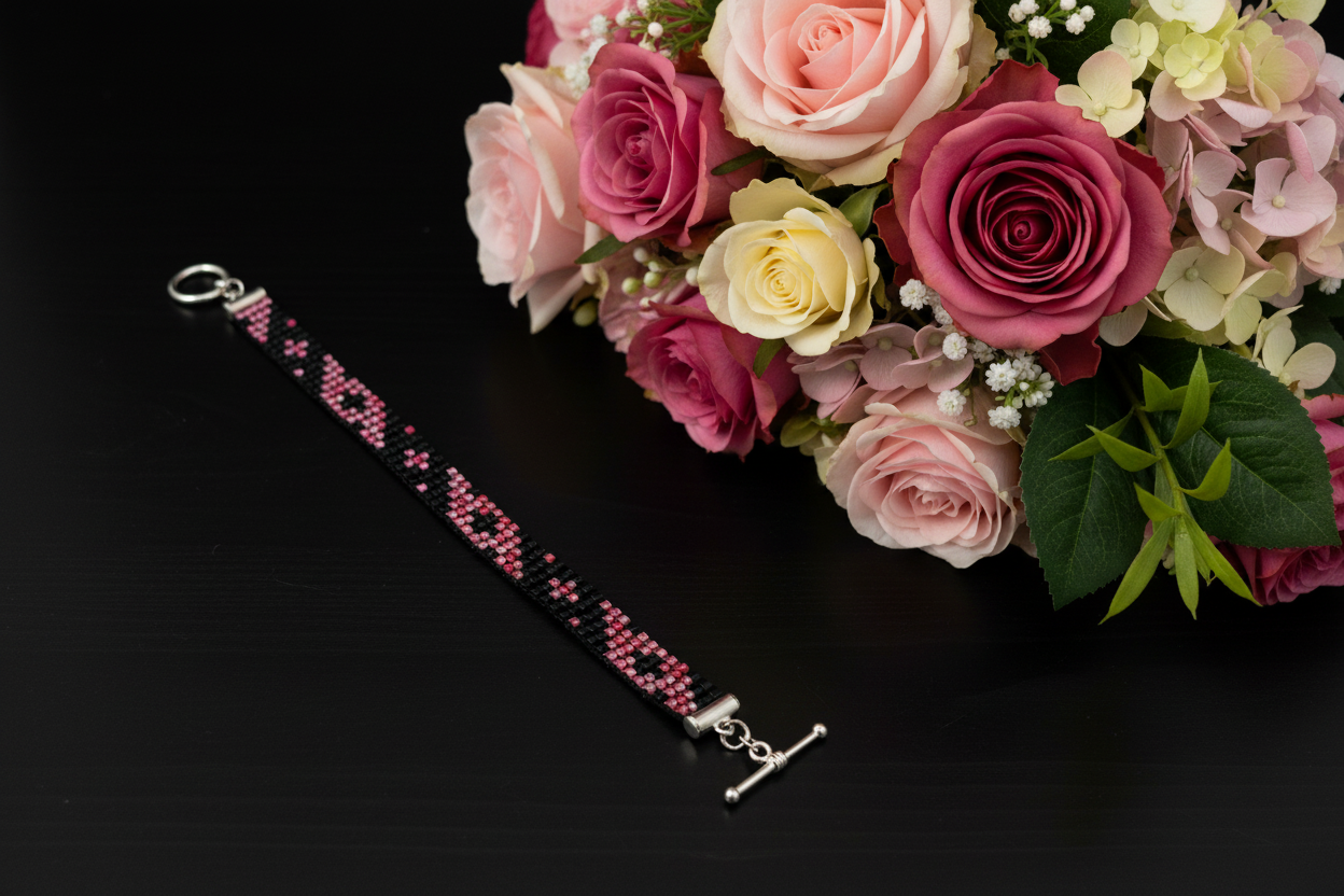 ručně tkaný ružovo čierny náramok Harakka Jewls