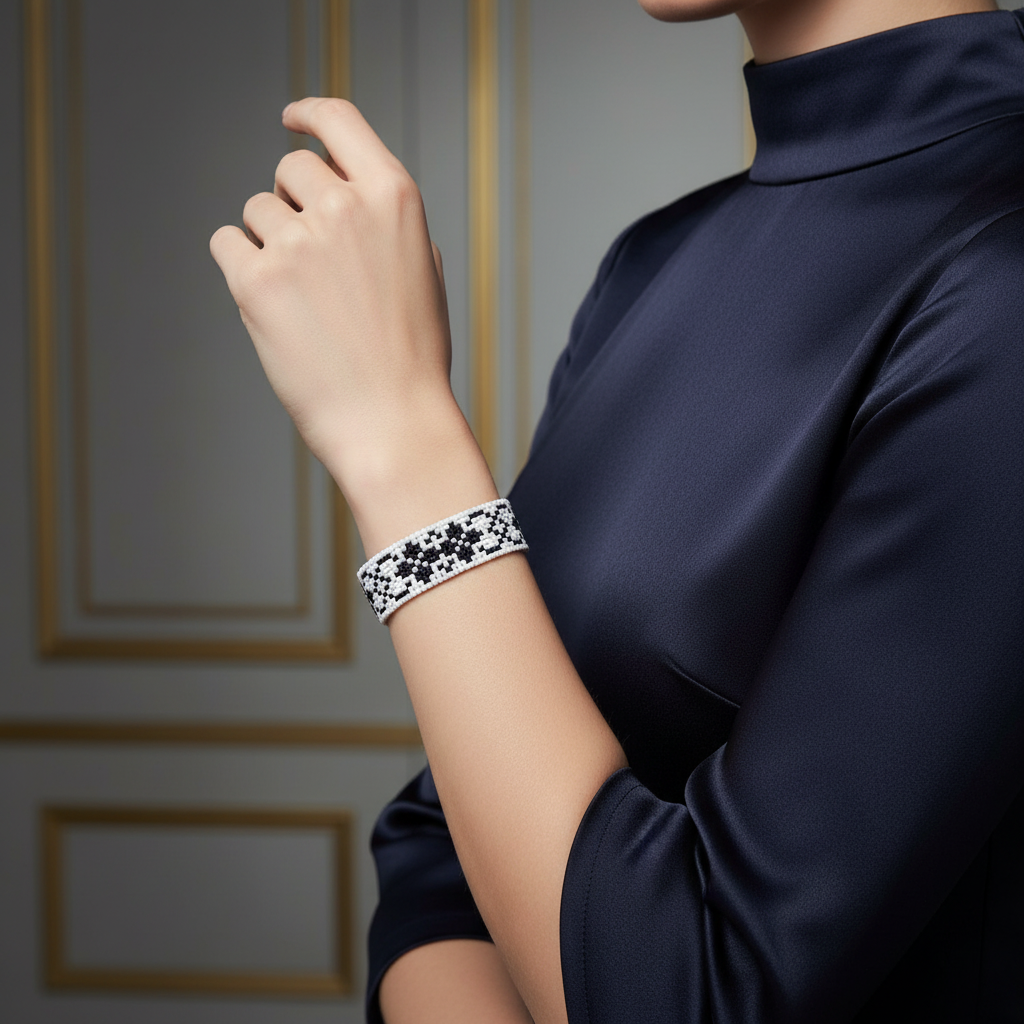 Čiernobiely ručne tkaný slovanský náramok Strážkyňa Bielych Nocí na ruke