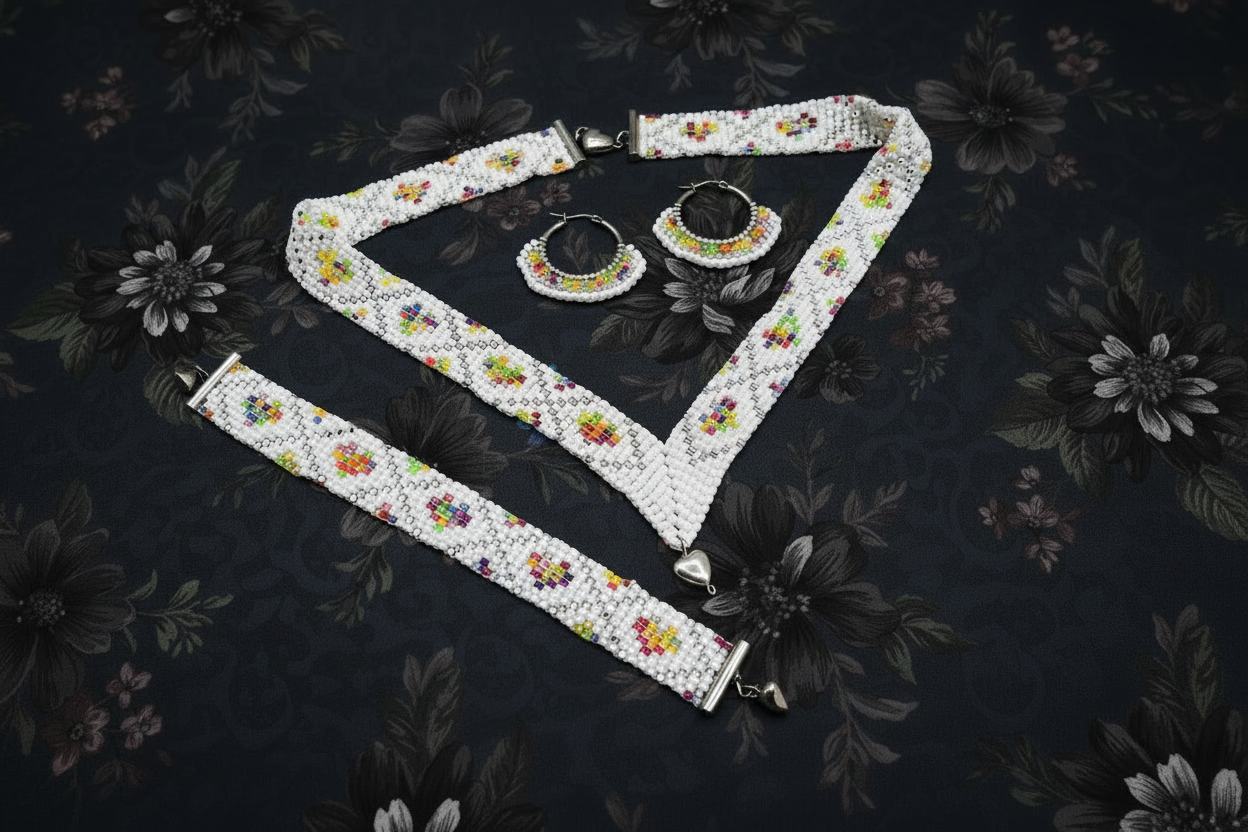 ručne tkaný biely korálkový set s dúhovým vzorom a perlou v tvare srdca Harakka Jewls