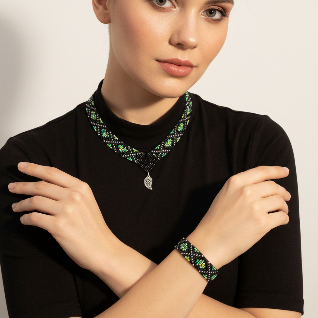 čierno zelený korálkový náhrdelník s lístočkom a náramok Harakka Jewls