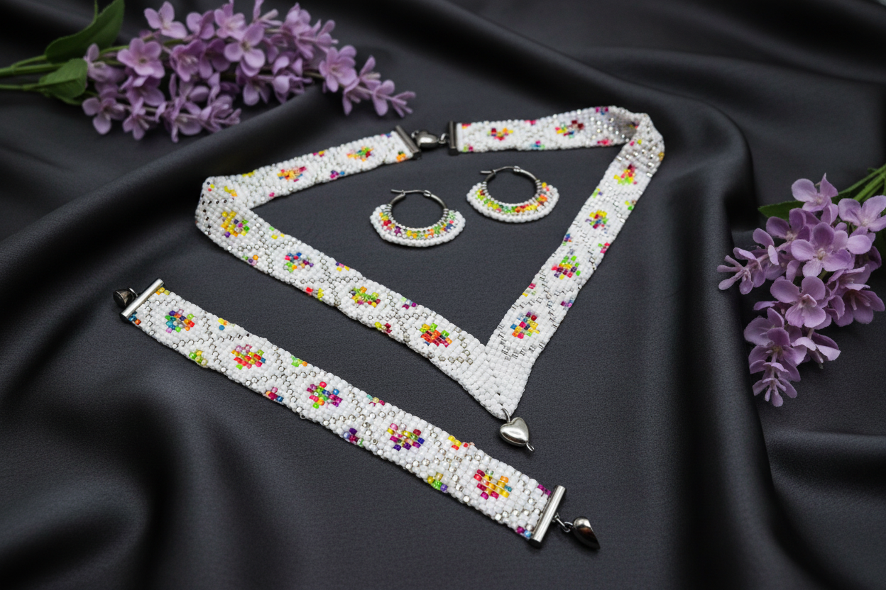 ručne tkaný biely korálkový set s dúhovým vzorom a perlou v tvare srdca Harakka Jewls