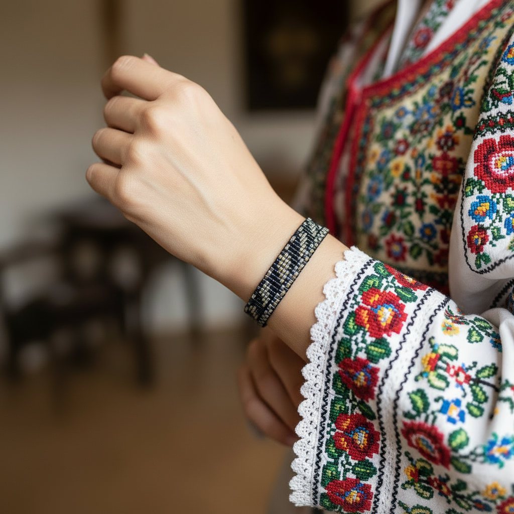 ručně šitý folklórny náramok čierno strieborný Harakka Jewls