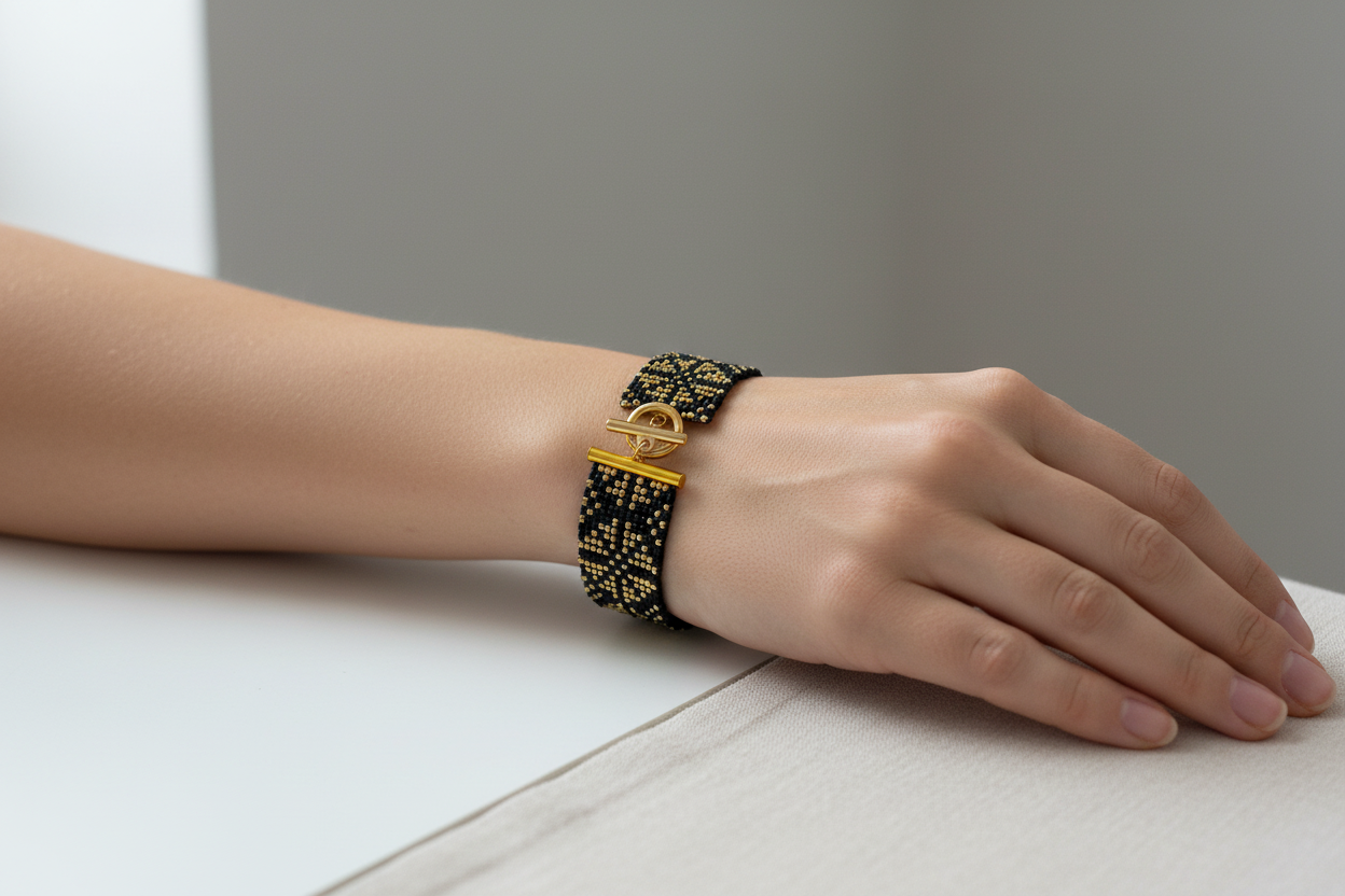 luxusný ručne šitý čierno zlatý náramok ochranný talizman Harakka Jewls