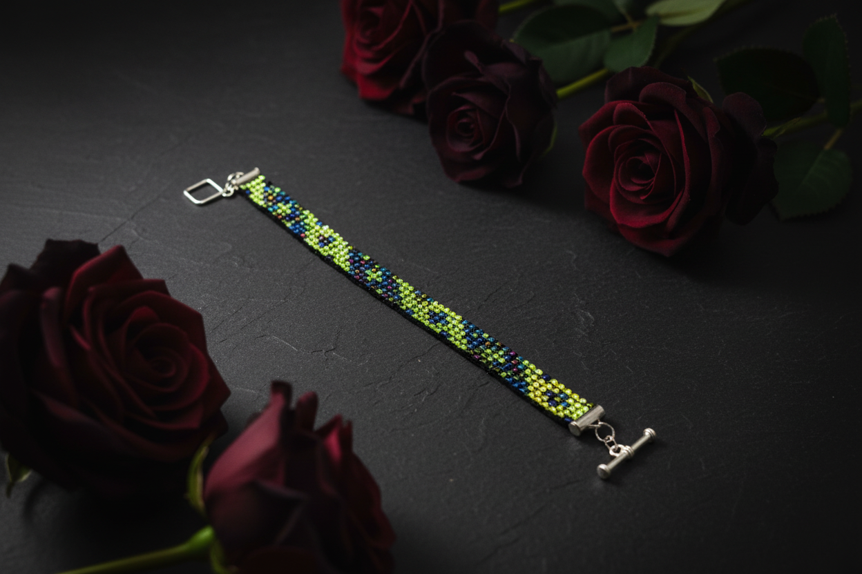 ručný šitý zelený náramok z korálok Harakka Jewls
jemný zeleno modrý náramok ručná práca Slovensko
elegantný minimalistický náramok zelené korálky Harakka
ručný náramok inšpirovaný prírodou Harakka Jewls