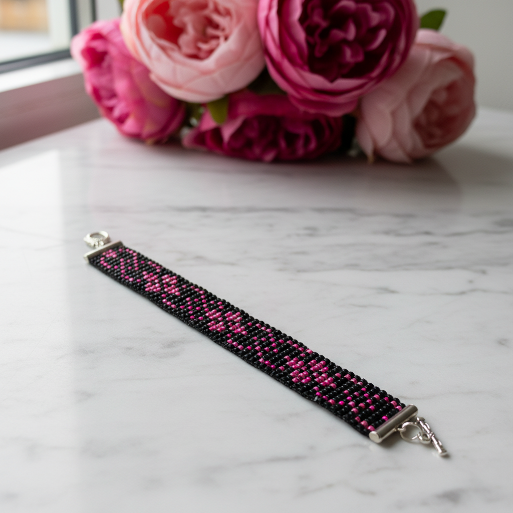 ručný šitý čierno ružový náramok z korálok Harakka Jewls