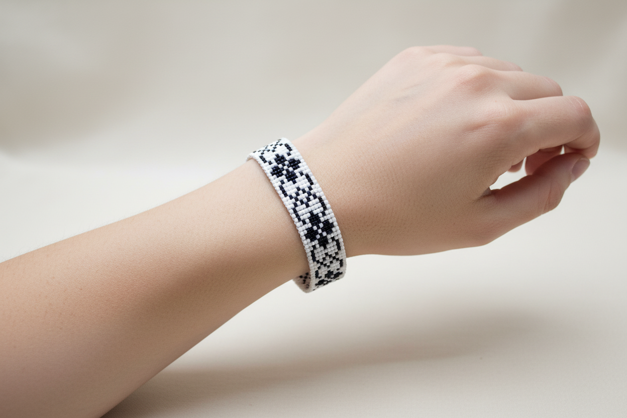 Čiernobiely ručne tkaný slovanský náramok Strážkyňa Bielych Nocí na ruke