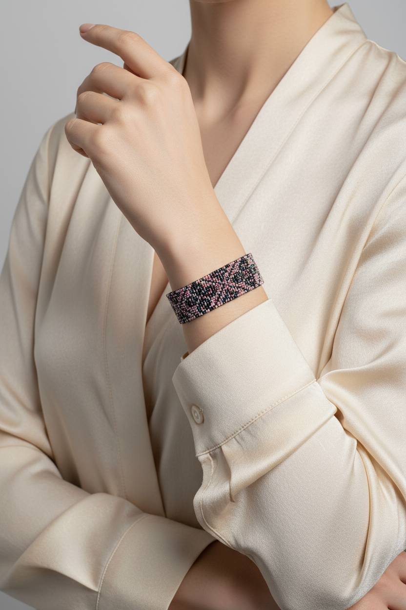 ručné šitý náramok ružovo čierny Harakka Jewls na ruke ženy elegantný šperk