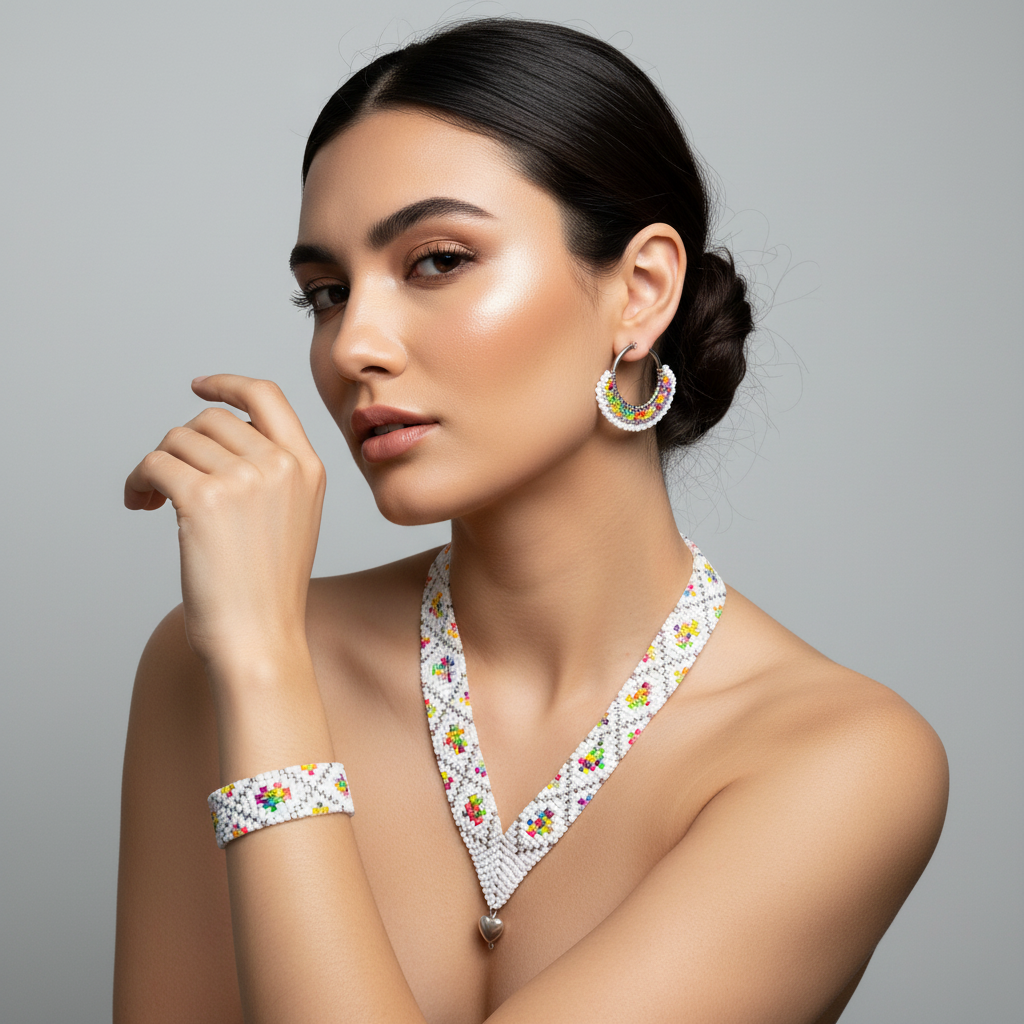 ručne tkaný biely korálkový set s dúhovým vzorom a perlou v tvare srdca Harakka Jewls