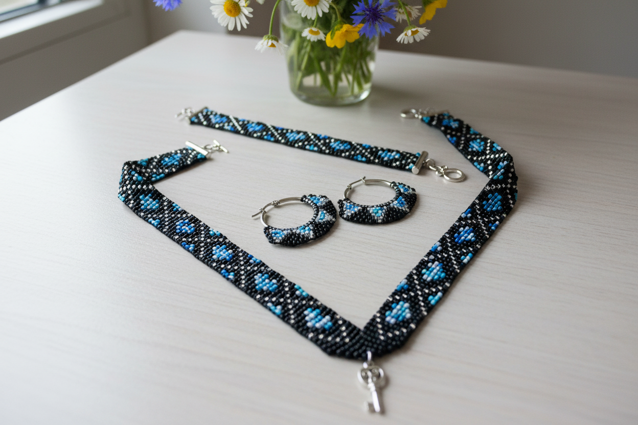 modro čierny korálkový set náhrdelník náramok náušnice ručná práca
