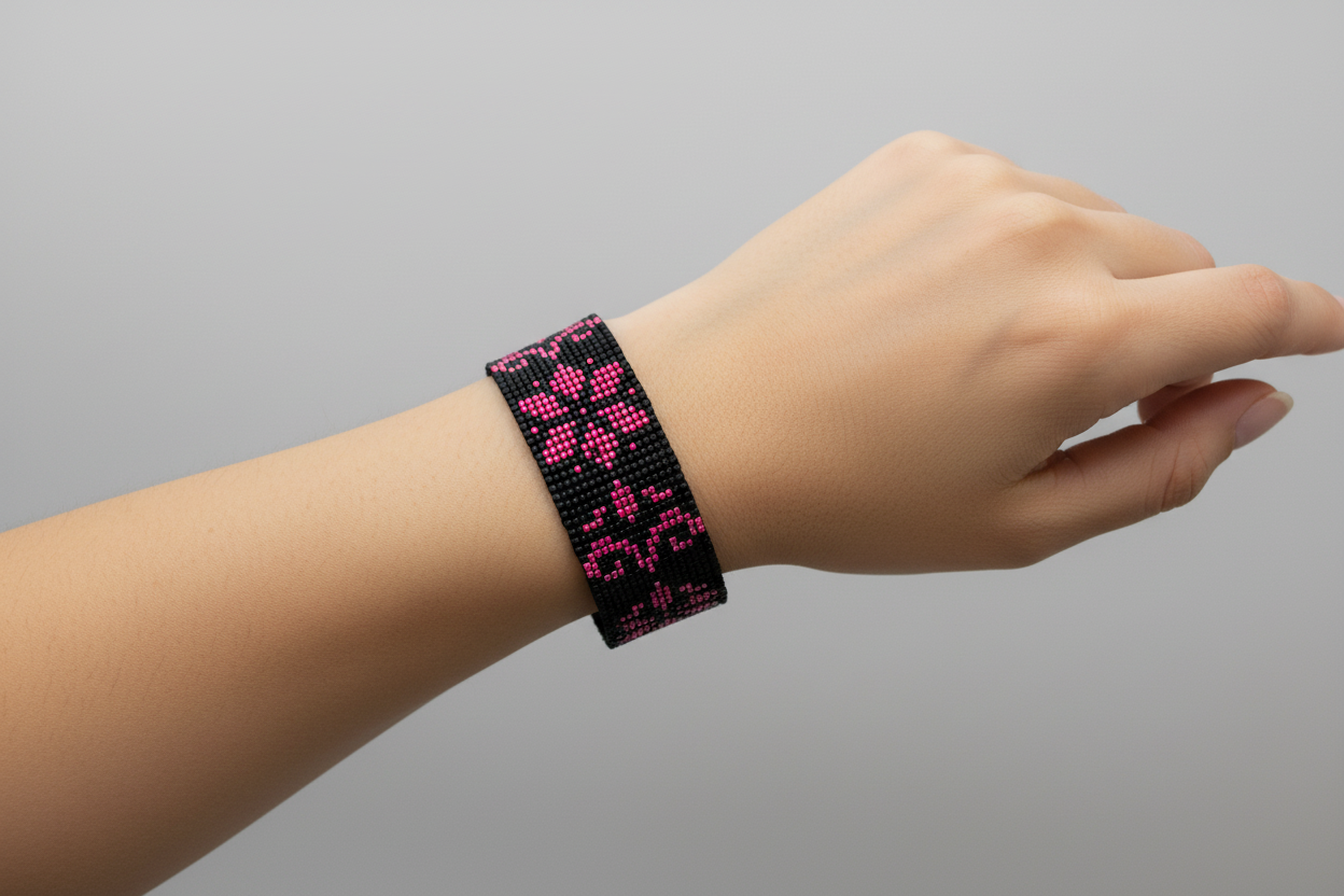 folklórny korálkový náramok ružový ornament Harakka Jewls