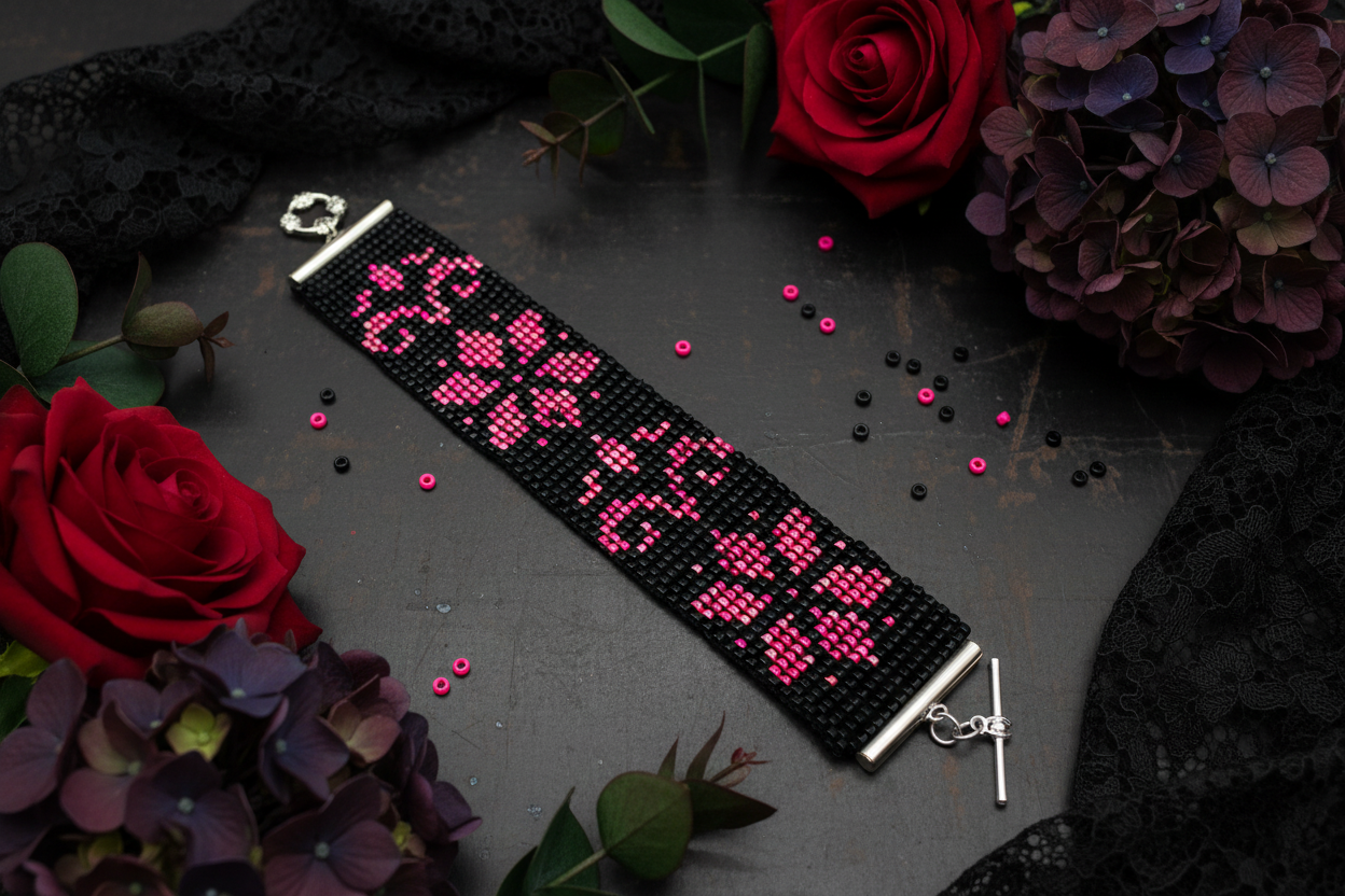 folklórny korálkový náramok ružový ornament Harakka Jewls