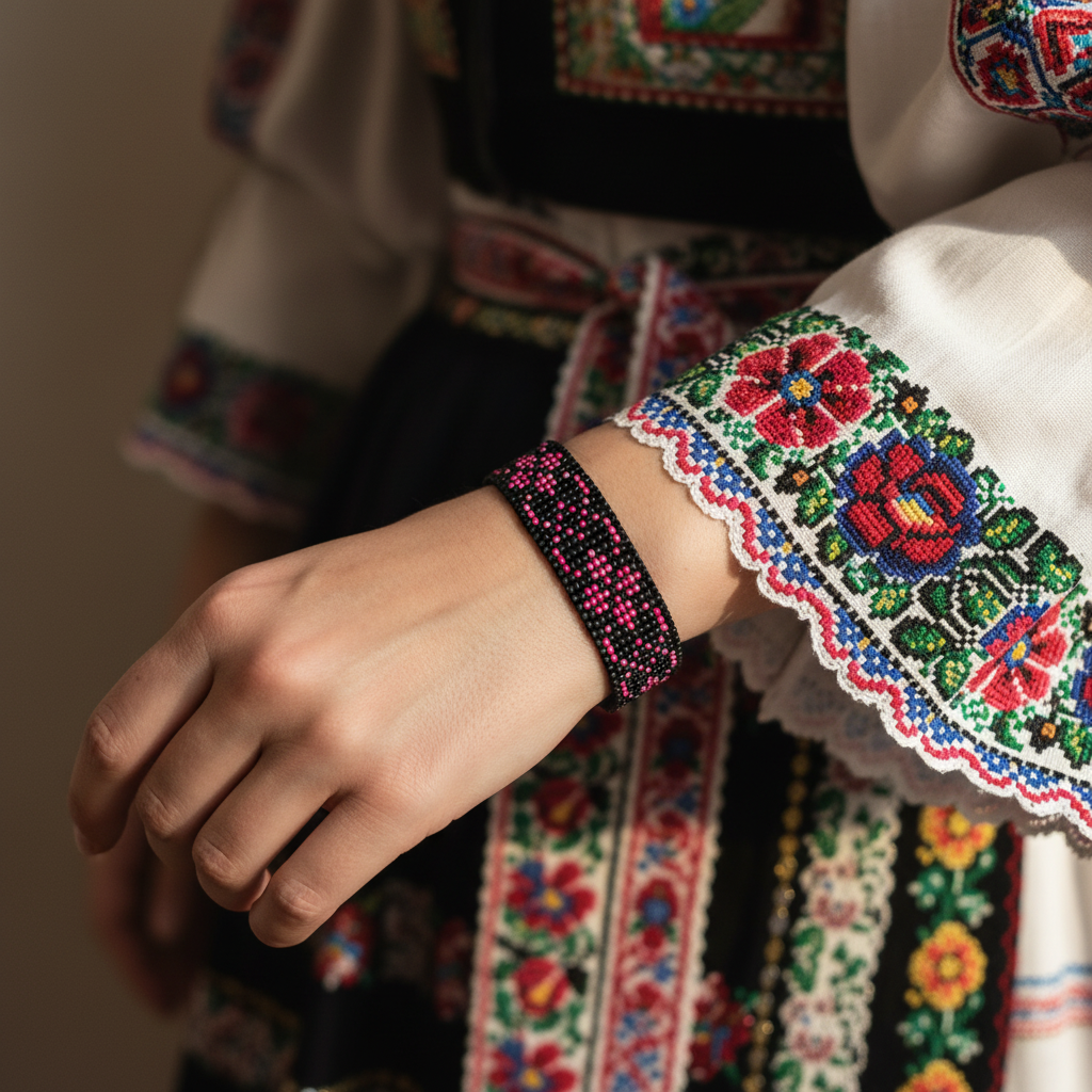 ručný šitý čierno ružový náramok z korálok Harakka Jewls