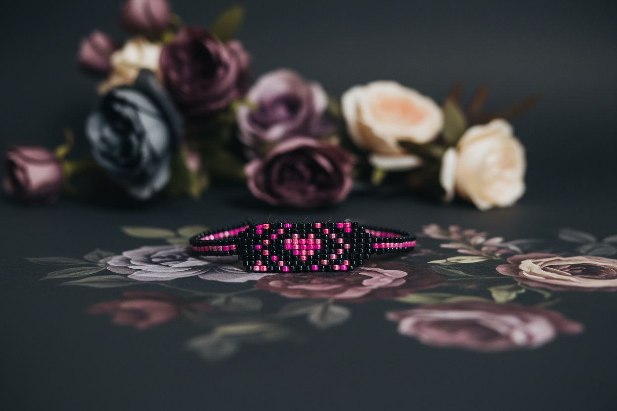 Ručne tkaný náramok s ružovým srdcom z čiernych a ružových korálok Harakka Jewls