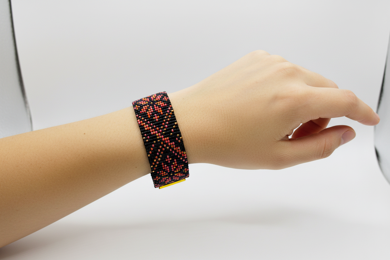 široký čierno oranžovo ružový náramok slovanský ornament Harakka Jewls