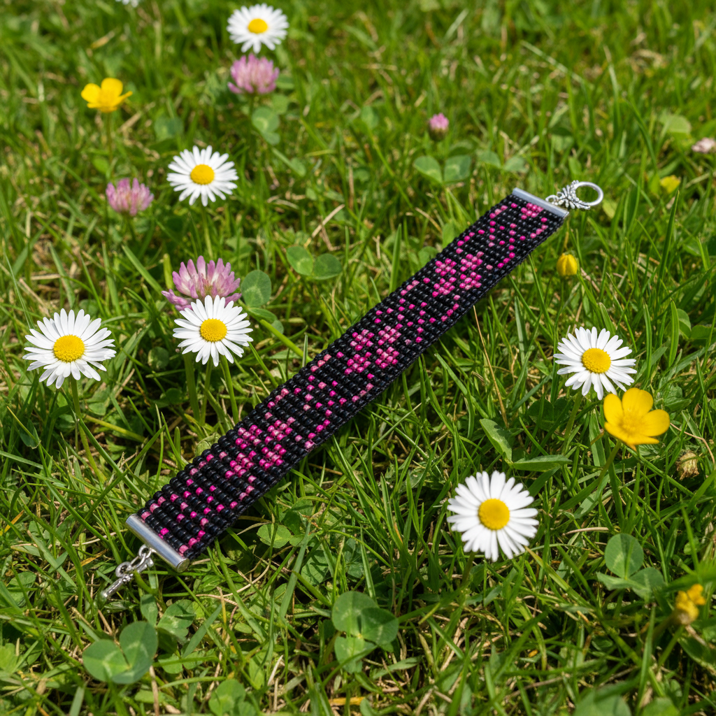 ručný šitý čierno ružový náramok z korálok Harakka Jewls