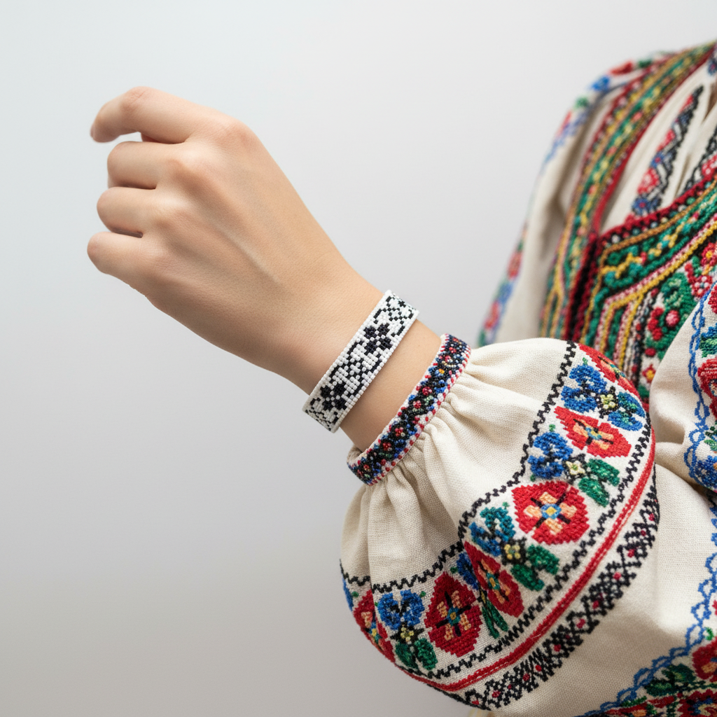 Čiernobiely ručne tkaný slovanský náramok Strážkyňa Bielych Nocí na ruke