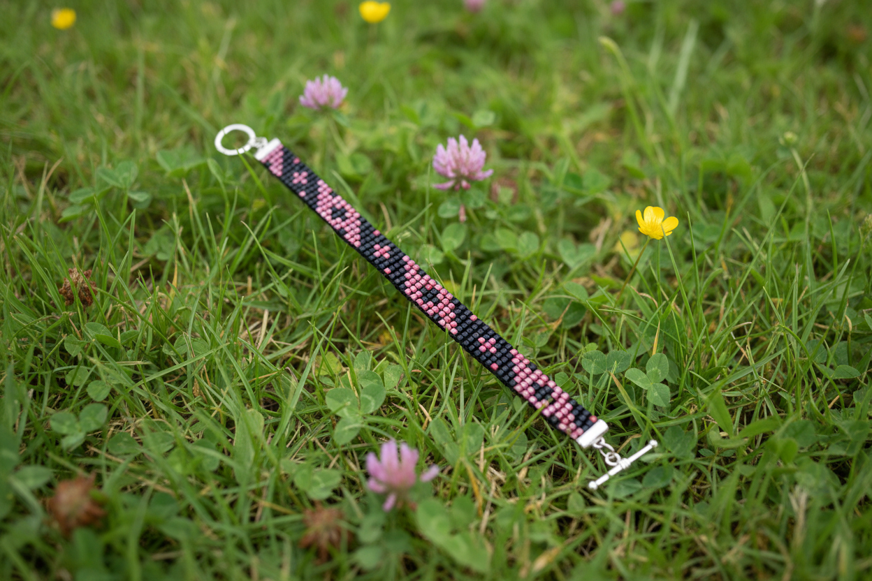 ručně tkaný ružovo čierny náramok Harakka Jewls