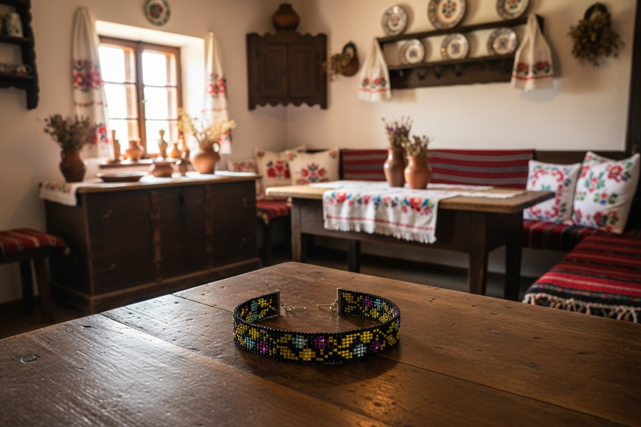 slovansky folklorny nahrdelnik cierny s farebnymi kvetmi harakka jewls