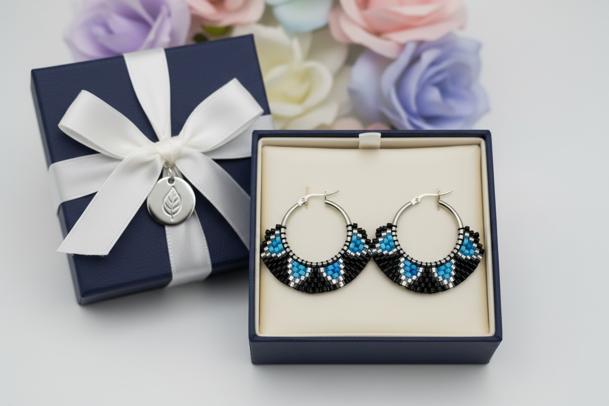 čierno modré korálkové náušnice handmade Harakka Jewls