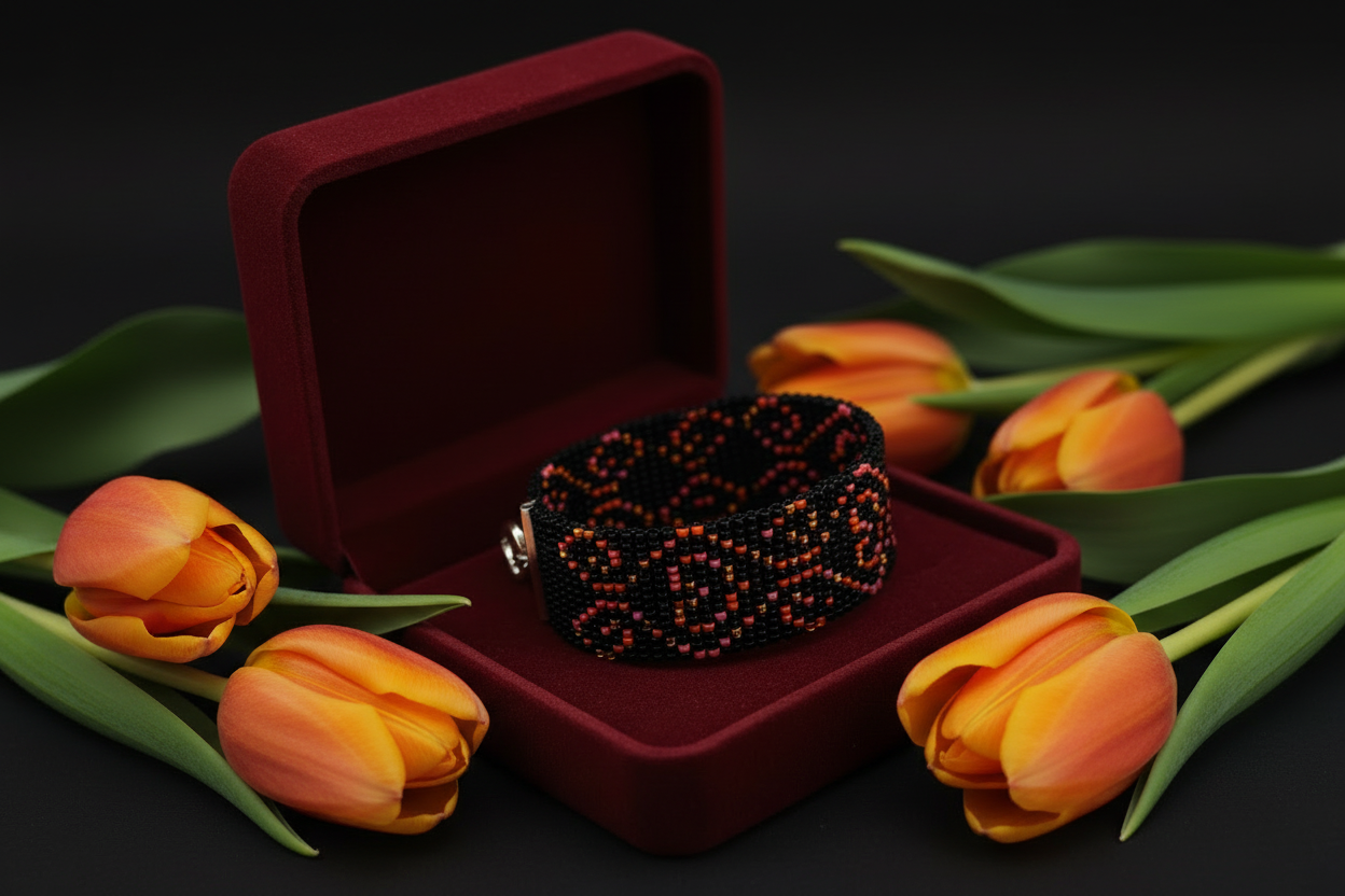 čierno oranžový ručne tkaný náramok Harakka Jewls