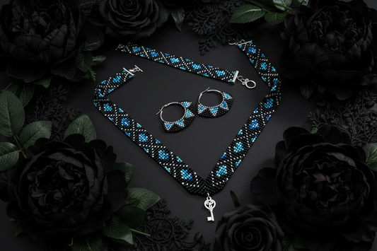 modro čierny korálkový set náhrdelník náramok náušnice ručná práca