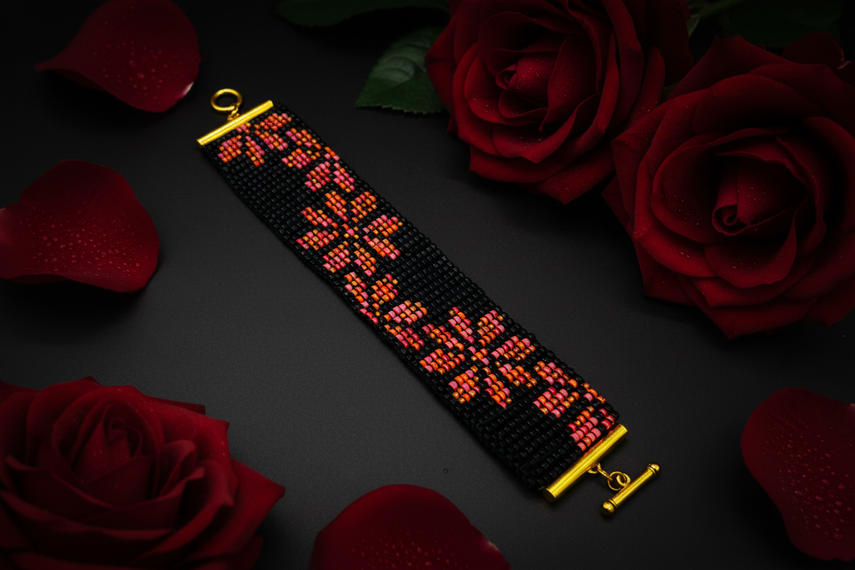 slovansky naramok cierny oranzovy rucne tkany ohnivy vzor harakka jewls