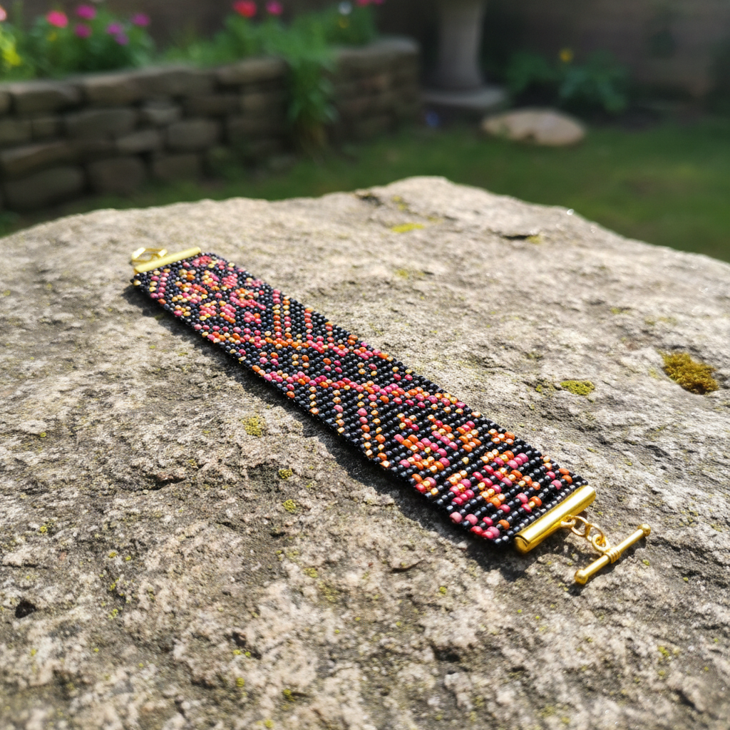 široký čierno oranžovo ružový náramok slovanský ornament Harakka Jewls